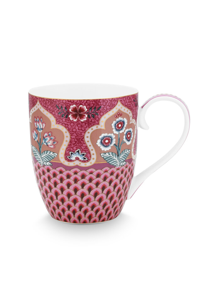 mug XL flower festival scallop deco dark pink 450ml